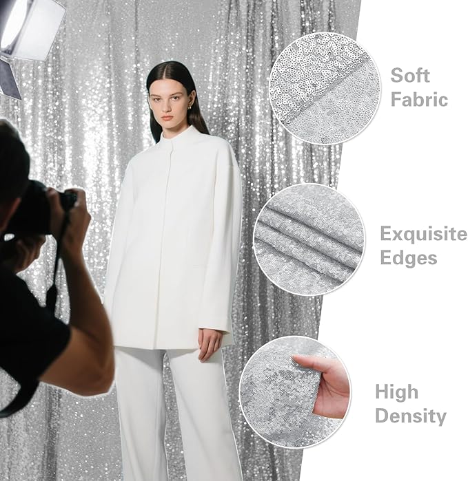 Silver Sequin Backdrop Curtain 4 Pieces 2FTx8FT Glitter Photography Backdrop for Party Wedding Birthday Christmas Decorations