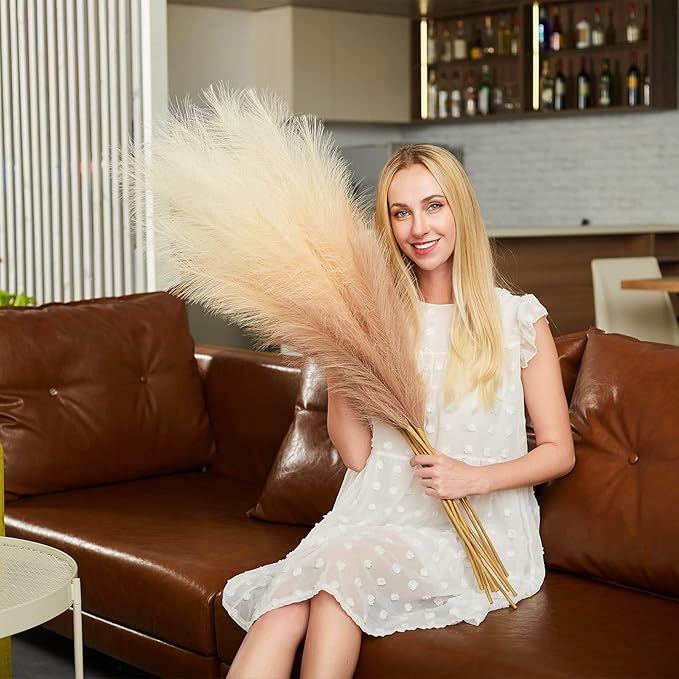 EVODIS Faux Pampas Grass Decor, 6 Stems Artificial Pampas Grass - 43 inch Tall Pompass Grass Large Pompous Boho Flower Arrangement Home Decor for Room Wedding Party