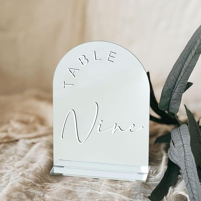 JINMURY Sliver Arch Wedding Table Numbers 1-15 with Stands, 5x7 Inch Acrylic Arch Sign with White Lettering, Sliver Mirror Acrylic Table Numbers for Wedding Reception