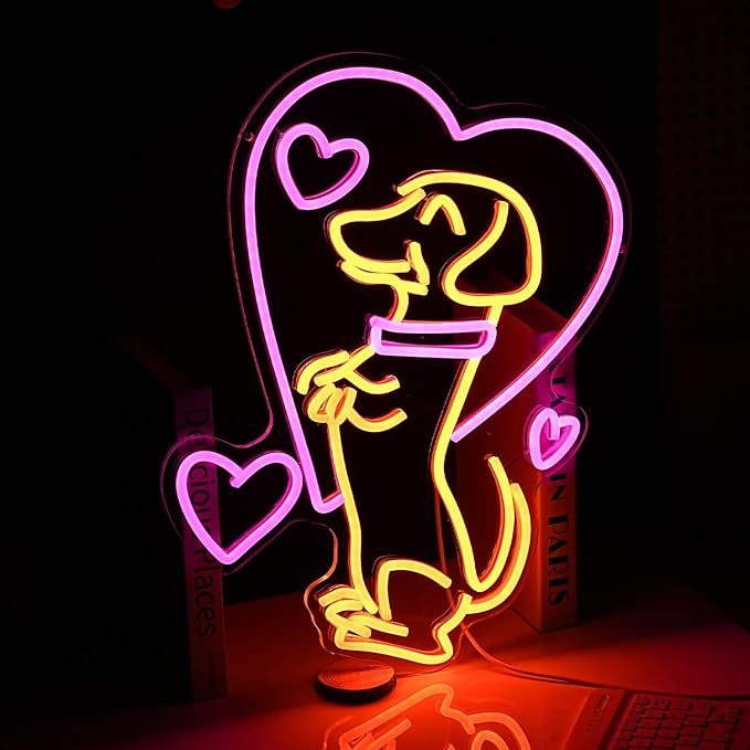 Love Dog Neon Sign USB Powered Pink Love Neon Light for Wall Decor Dimmable LED Cute Puppy Light Up Sign for Pet Shop Bedroom Animal Party Neon Decor Gift for Boys Girls(16.7 * 12.8In)