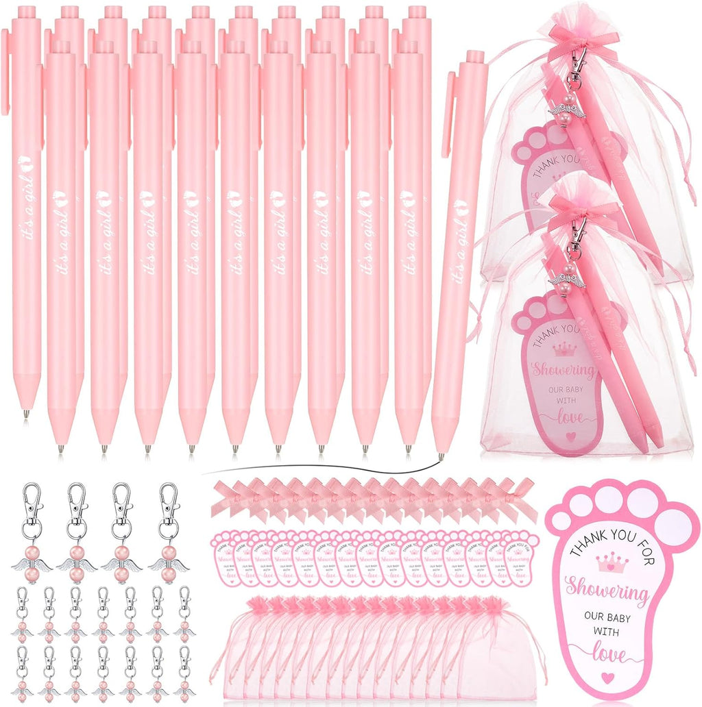 Ctosree 250 Pcs Baby Shower Favors Includes Ballpoint Pens Angel Keychains Organza Bags Thank You Cards for Guest Gifts Baby Shower Gender Reveal Party(Pink,It's a Girl)