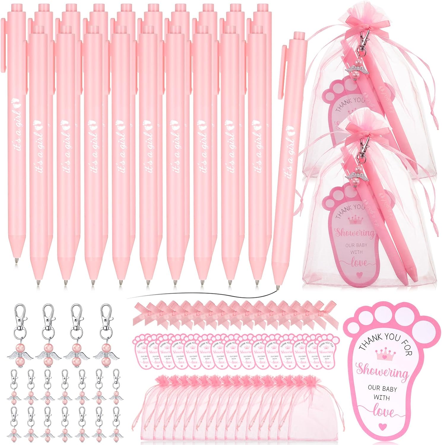 Ctosree 250 Pcs Baby Shower Favors Includes Ballpoint Pens Angel Keychains Organza Bags Thank You Cards for Guest Gifts Baby Shower Gender Reveal Party(Pink,It's a Girl)