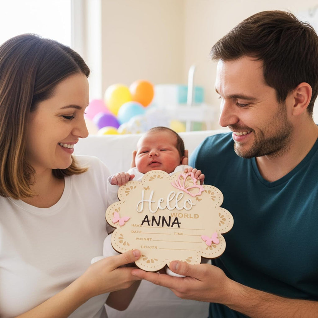 Nogeqi Hello World Newborn Sign, 6 Inch Pink Butterfly Baby Name Announcement Sign, Birth Announcement Signs, Wooden Baby Welcome Signs for Newborn Photo Props Babies Shower Hospital Nursery