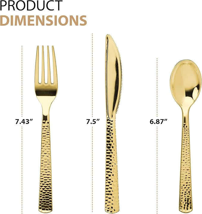 Plastic Cutlery Silverware Extra Heavyweight Disposable Flatware, Full Size Cutlery Combo, Gold Pebbled, 80 Forks, 40 Spoons, 40 Knifes, Value Pack 160 Count