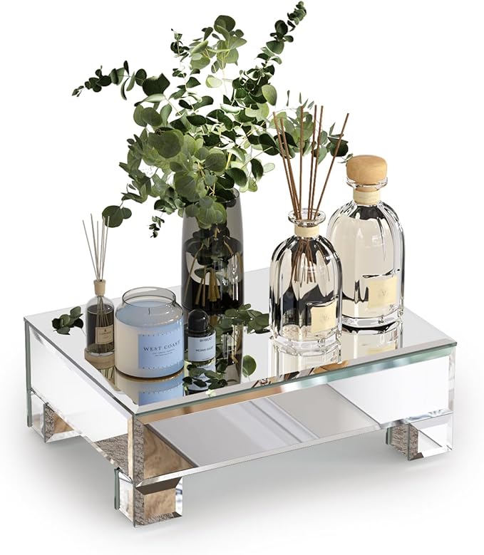 Mirrored Risers for Display, Tabletop Display Stand, Mirrored Perfume Tray for Vanity, Silver Soap Stand, Pedestal Stand, Glass Risers for Countertop, 8.6”W x 6”D x 3”H