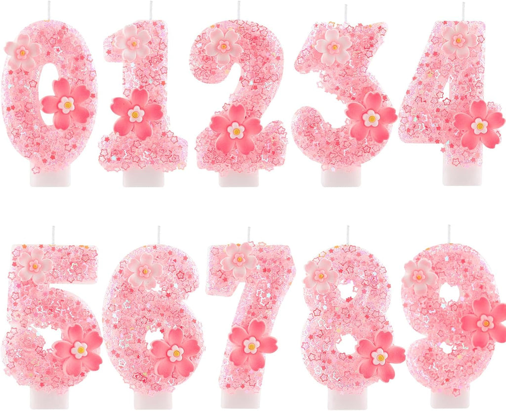Cherry Blossom Pink Number 3 Birthday Candle, 2.8in Cute Shiny 3 Happy Birthday Candle with Tray & Stick Girls 3 Candle for 3rd Birthday Ideal Birthday Parties Cake Decoration & Gifts