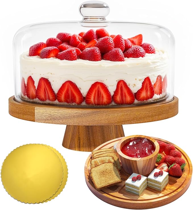 Acacia Wood Cake Stand with Lid, 12" Glass Cake Stand with Dome Cake Holder, 2-in-1 Dessert Table Display Set & Charcuterie Board for Weddings, Parties, Bakeries
