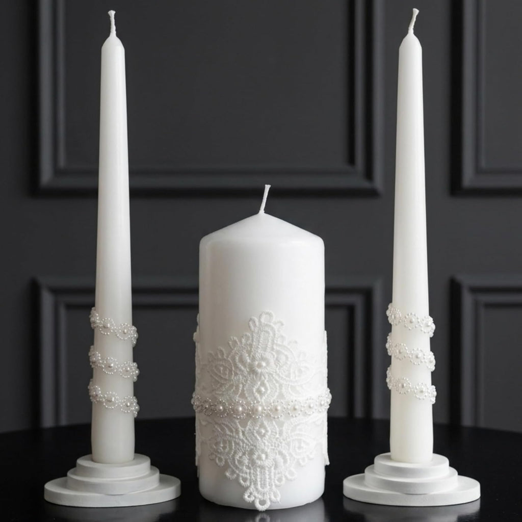 Unity Candle Set - Wedding Ceremony & Reception – 6” Pillar & Two 10” Taper Candles – Long Burning Unity Candles for Marriage Ritual – Handmade in USA – White | Lace
