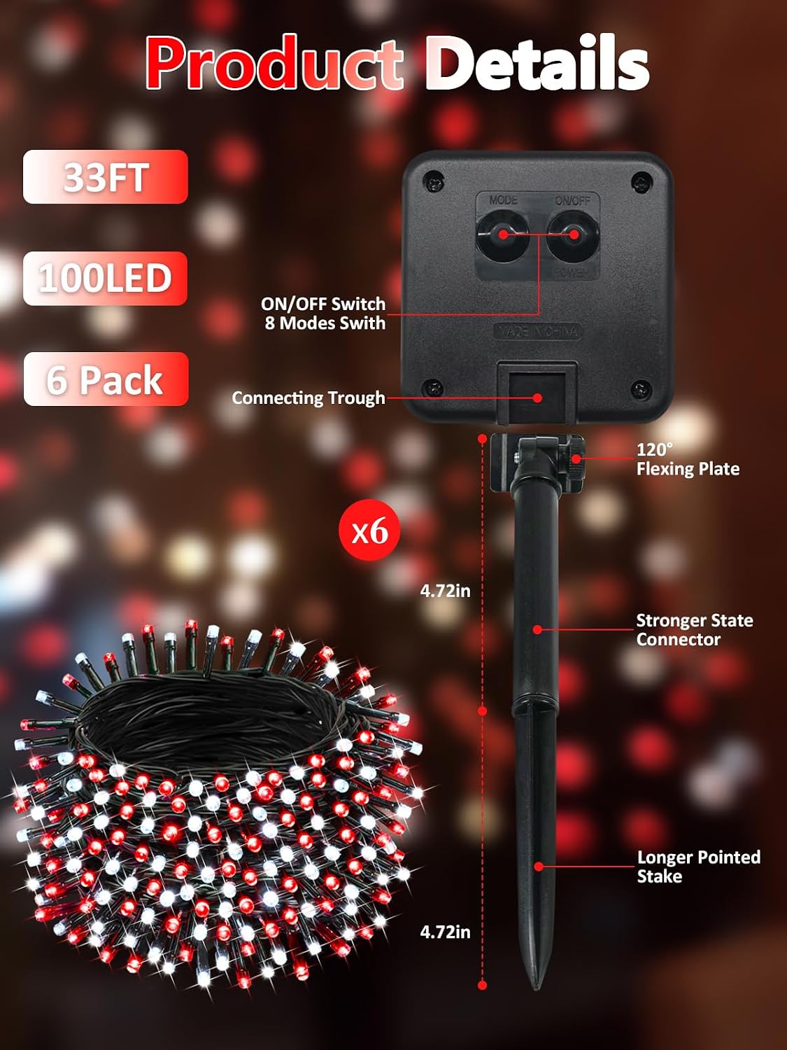 6 Pack 600 LED Solar Christmas Lights Outdoor, Solar Lights Red ＆ White