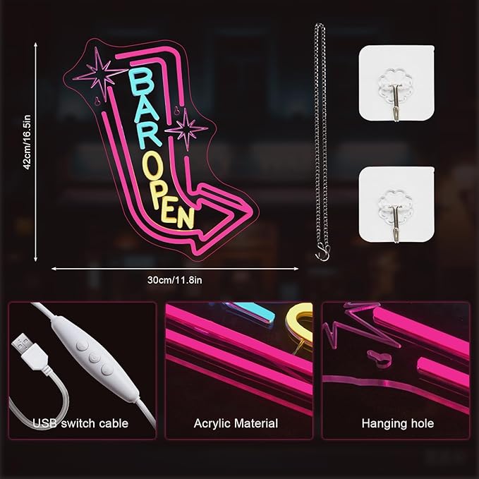 Lucunstar Bar Open Neon Sign,Colorful LED Bar for Wall Decor Dimmable USB Powered Neon Lights for LED for Bussness Man Cave Art Wall Decor