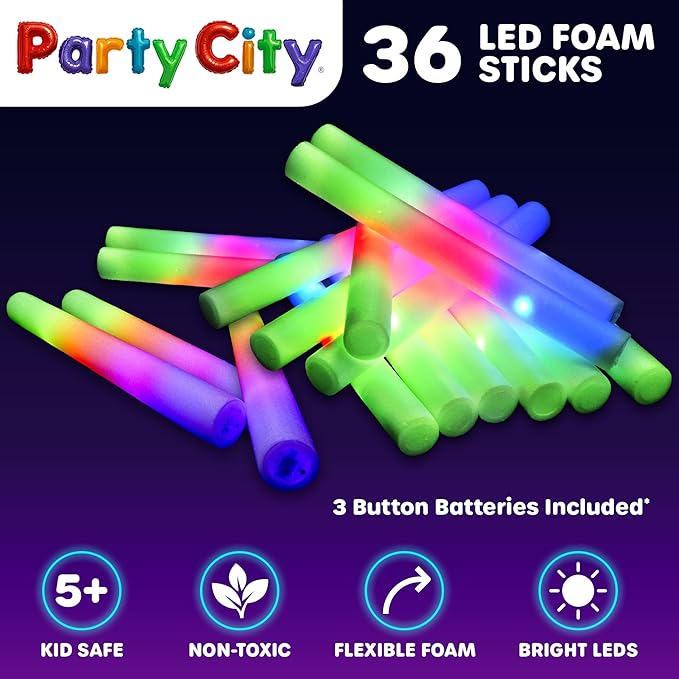 Party City 36pk LED Foam Glow Sticks 14”- Glow in the Dark Party Supplies Favors, Colorful Flashing Wand with 3 Modes, Foam Light Up Sticks Bulk Party Pack for Wedding, Birthday, Concert, Halloween