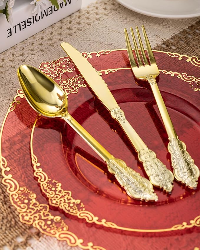 Goodluck 350 Piece Red Dinnerware Set for 50 Guests, Fancy Disposable Plates, Include: 100 Red Rim Plastic Plates, 150 Silverwares, 50 Pre Rolled Napkins, 50 Cups for Party, Wedding