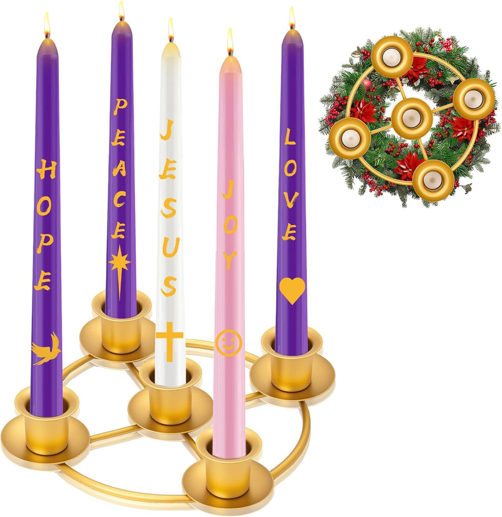 Advent Wreath Candle Holder Set with 5 Taper Candles, Gold Christmas Candle Ring Table Decoration for Advent Christmas Festival Home Church