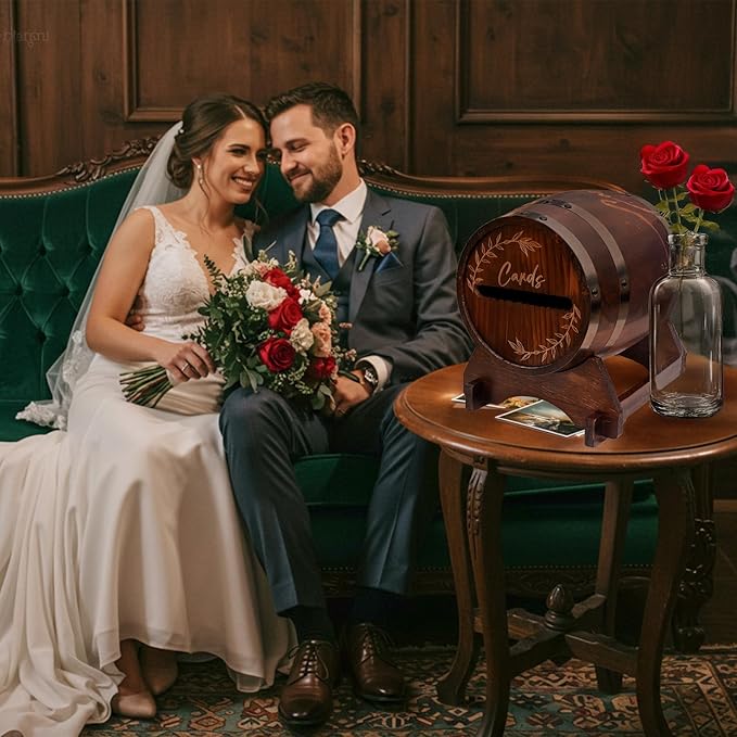 OurWarm Wooden Card Box for Wedding, Vintage Gift Card Box with Base, Whiskey Barrel Wedding Card Boxes for Reception Party Graduation Bridal Baby Shower Birthday Decoration