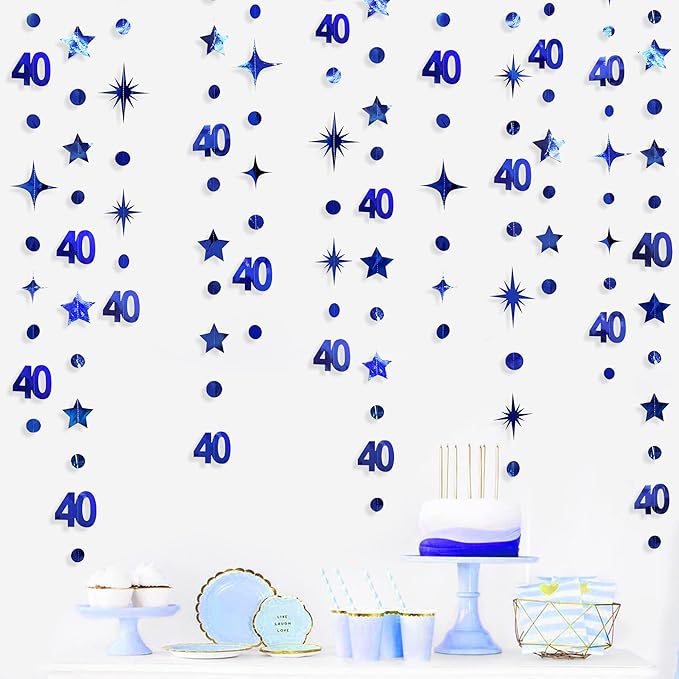 Navy Blue 40th Birthday Decorations Number 40 Circle Dot Twinkle Star Garland Metallic Hanging Streamer Bunting Banner Backdrop for Women 40 Year Old Birthday Forty Anniversary Party Supplies