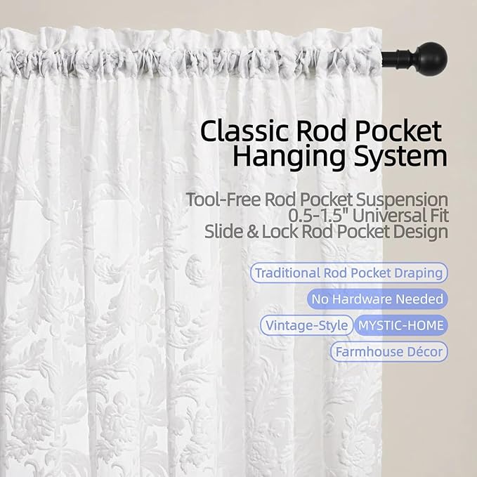 Curtains Sheer White Curtain Panels Boho Farmhouse Drapes with Vintage Floral Pattern 45" Short Length Rod Pocket for Bedroom Living Room Windows French Elegance 3D Relief, Set of 2 (52" Wide Each)