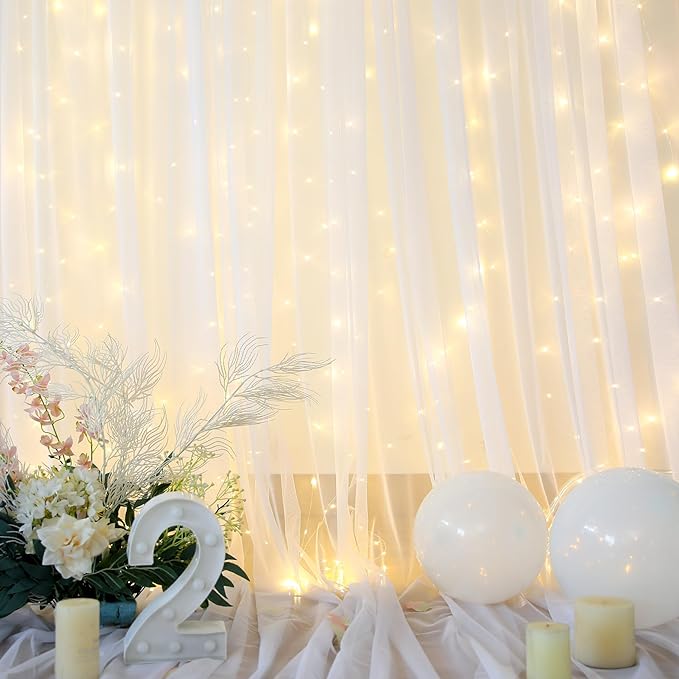 Sheer Backdrop Curtain with Lights String for Parites 20×10ft White Tulle Backdrop Curtain for Wedding Baby Shower Birthday Party Photo Shoot Decorations(4 Panels 5ft×10ft)