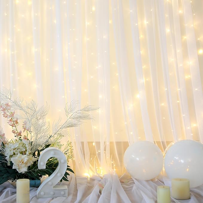 White Tulle Backdrop Curtain with Lights String for Parties Wedding Bridal Shower Sheer White Curtain Backdrop for Birthday Baby Shower Photo Booth Photography Background Decorations 20ft x 10ft