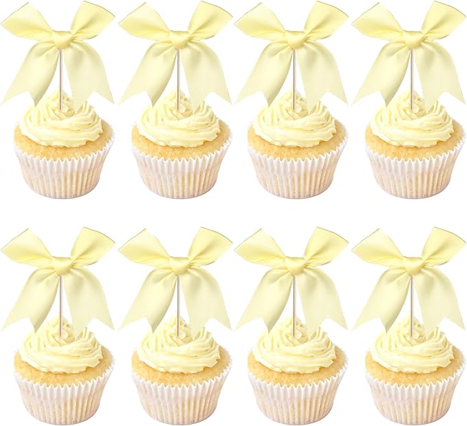 24 PCS Bow Cupcake Toppers Bow Cupcake Picks Bowknot Birthday Party Decorations Bowknot Cake Dessert Picks for Baby Shower Birthday Wedding Bridal Engagement Party Cake Decorations Supplies Yellow