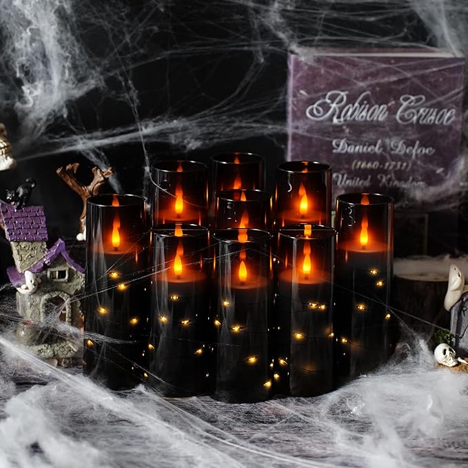 Flameless LED Candles with Timer 9 Pc Flickering Flameless Candles for Romantic Ambiance and Home Decoration Stable Acrylic Shell,with Embedded Star String,Battery Operated Candles（Black）