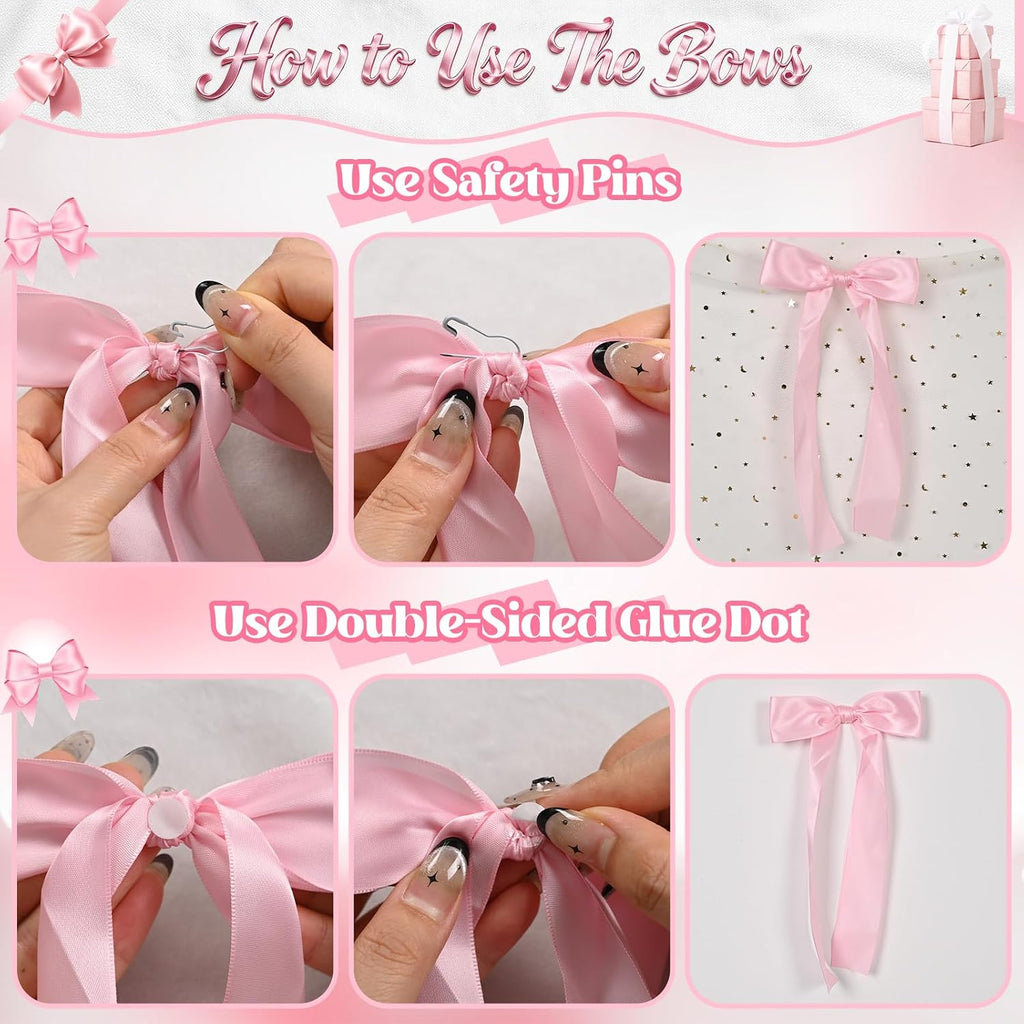 Pink Bow Birthday Decorations, 40Pcs Dusty Pink Bow Wall Decor DIY Ribbon Satin Bows Garland Photo Backdrop for Women Girl Coquette Bachelorette Baby Bridal Shower Room Bedroom Wedding Party Decor
