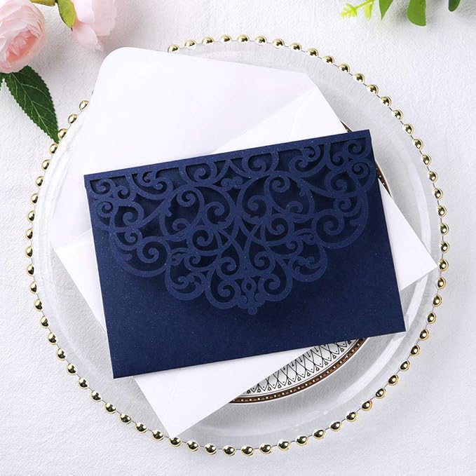 PONATIA 5.12 x 7.2 Laser Cut Invitation Pocket, 20PCS Tri-Fold 5 x 7 Laser Cut Wedding Invitation Pockets with Envelopes for Wedding Bbay Shower Birthday Sweet 16 Invite (Navy Blue, No Inner Sheet)