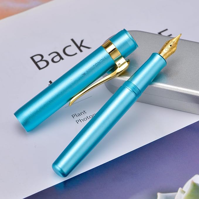 HONG DIAN M2 Black Forest Mini Fountain Pen, Long Blade Nib & Sleek Shape Aluminium Short Pocket Travel Pen (Lake Blue)