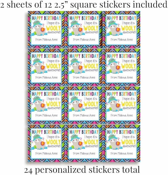 Custom & Personalized Wooly Awesome Alpaca Happy Birthday Gift Tag Sticker Labels, 24 2.5" Square Stickers by Amanda Creation