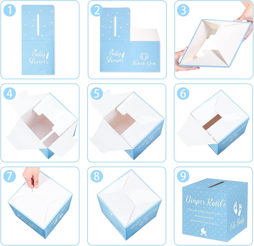 Funrous 51 Pcs Diaper Raffle Box with Tickets for Baby Shower Game Invitations Diaper Raffle Card for Gender Reveal Baby Shower Party Decorations Supplies(Lake Blue)