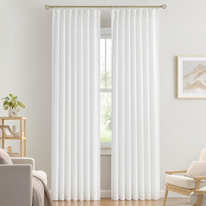 Vision Home White Pinch Pleated Semi Sheer Curtains Textured Light Filtering Window Curtains 112 inch for Living Room Bedroom Rayon Blended Pinch Pleat Drapes with Hooks 2 Panels 40" Wx112 L