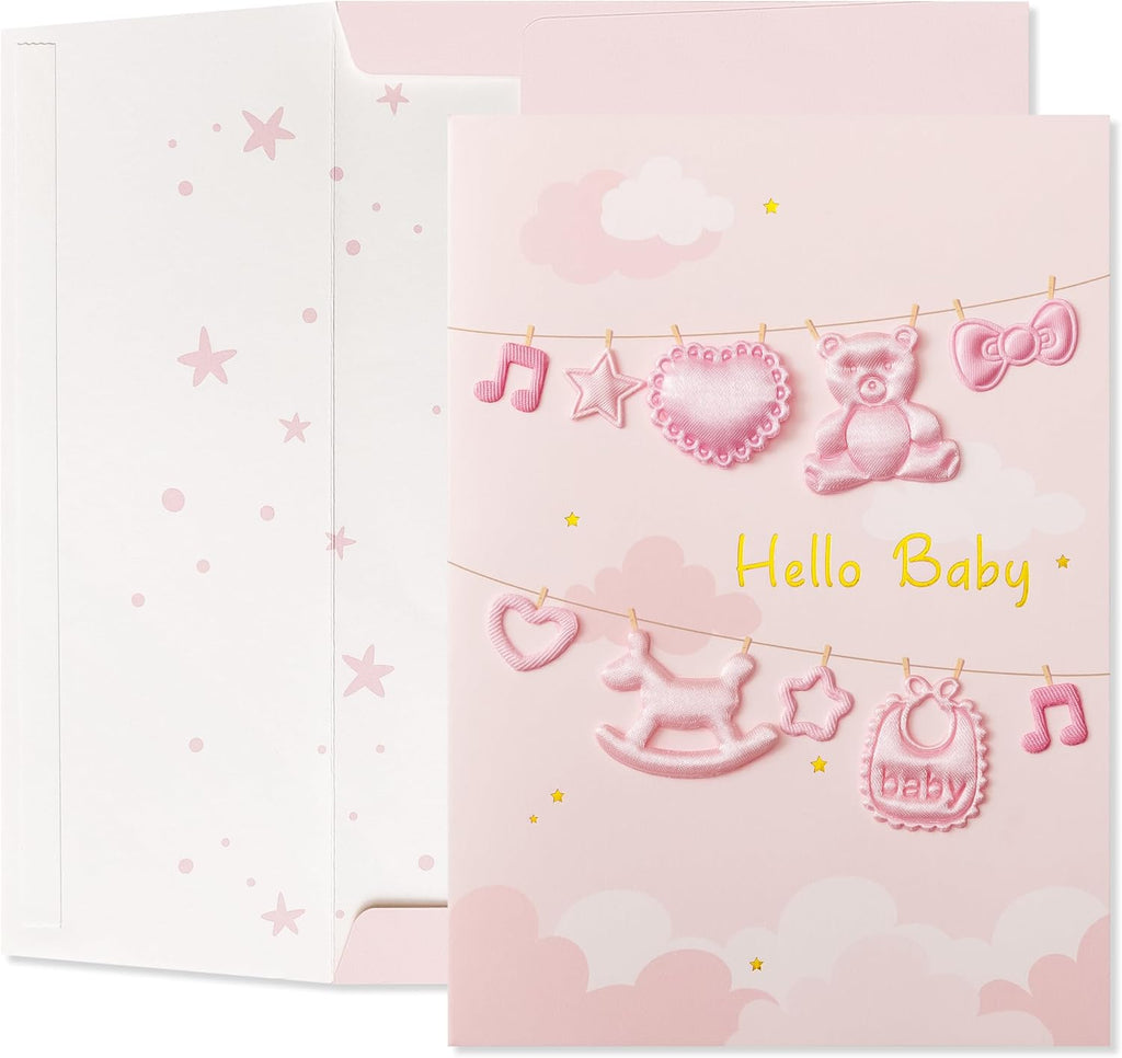 Crisky Baby Shower Card for Girls -3D Fabric Decor- Pink Rose Gold Welcome Congratulations Baby Card for New Baby Girl （Pink Bear）,5x7