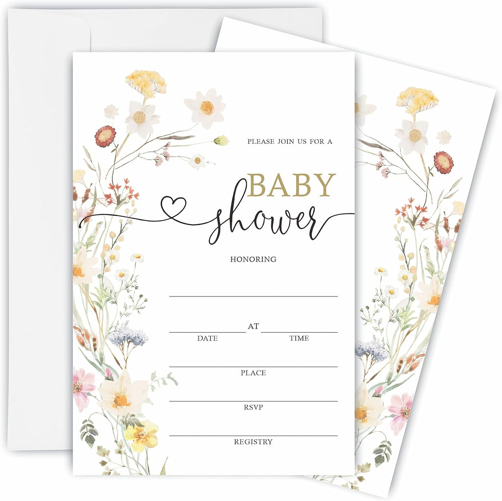 TPYEN Boho Wild Flower Baby Shower Invitations, Baby Shower Fill-In Invitation Cards With Envelopes - Gender Reveal Party Decorations & Supplies-B02