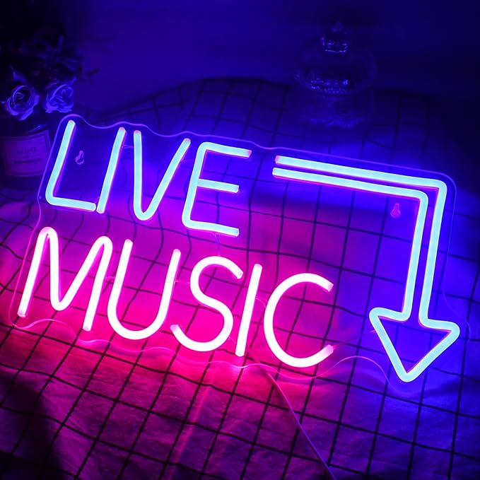 Live Music Neon Sign LED Neon Sign Large Blue and Pink Words for Music Studio USB Powered Switch for Wall Decor Beer,Bar,Music Studio,Bedroom,Party,Club