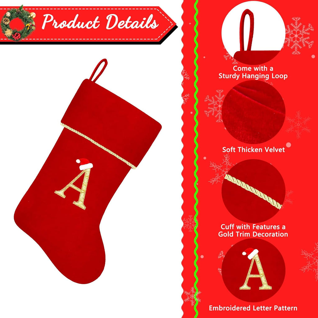 20 Inches Initial Monogram Red Christmas Stocking, Personalized Large Embroidered Letter Velvet Christmas Stocking with Gold Trim Decoration for Family Christmas Holiday Party Decor(Letter M)