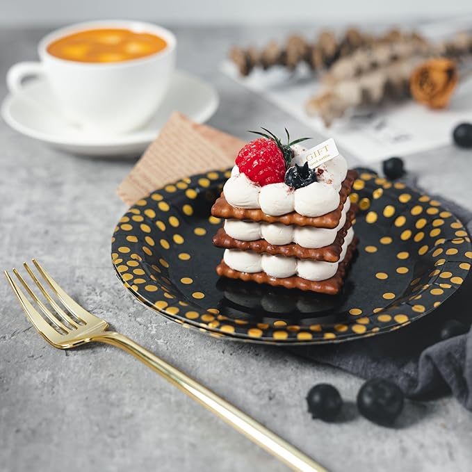 Lullaby 120PCS Black Paper Plates, Black and Gold Paper Plate, 60pcs Dinner Plates 9"，60pcs Dessert Plates 7", Disposable Graduation Plates with Golden Dot for Birthday party, Halloween