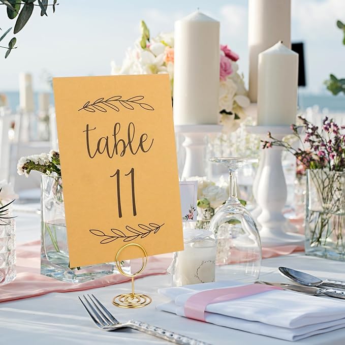 Wedding Table Numbers 1-25, 25 Karft Cards with 25 Gold Holders, 1 Set of 25 Table Numbers for Wedding Reception, Birthday Party (Card and Holder)