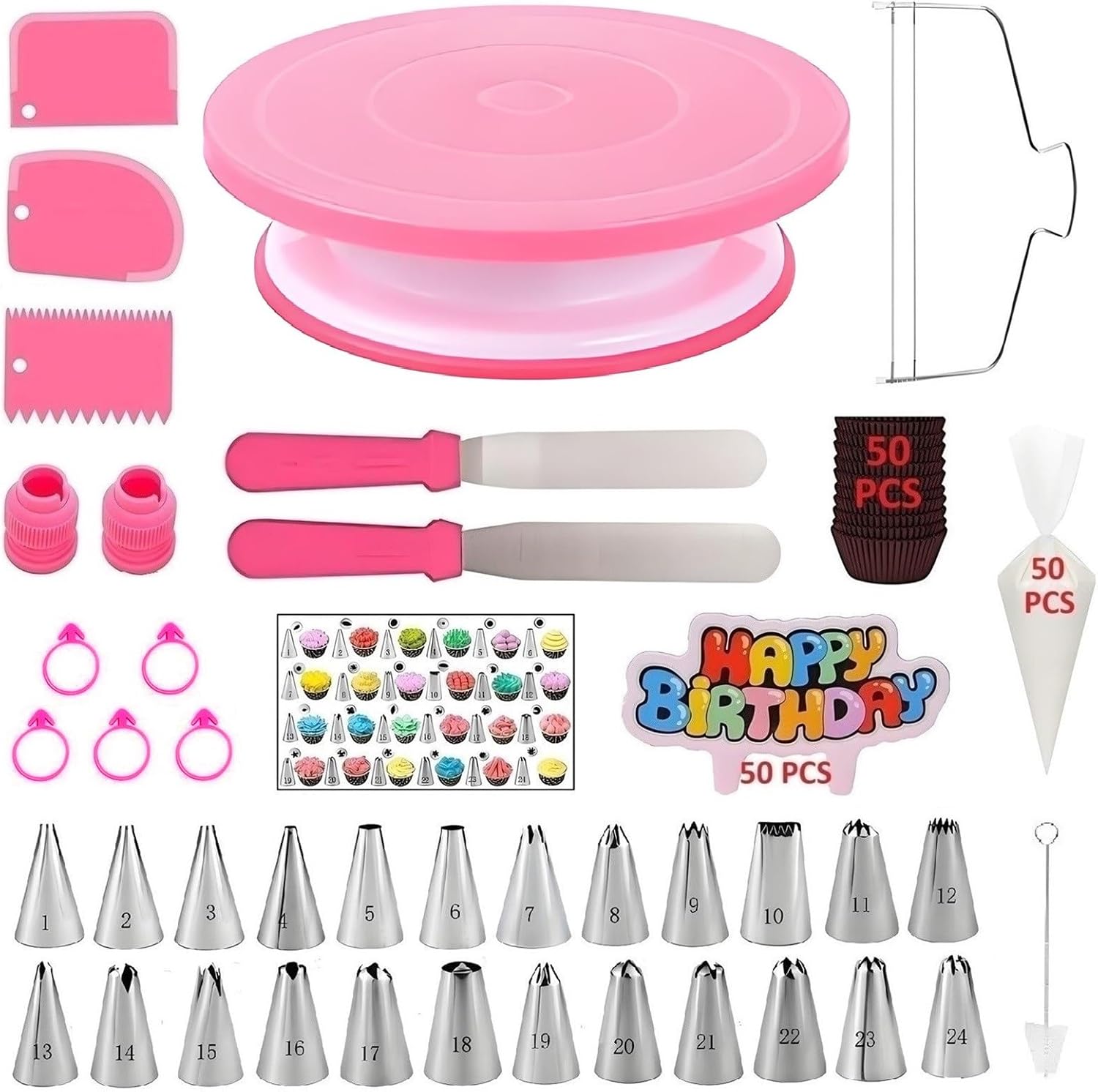 Cake Decorating Kit, 190 Pcs Baking Supplies (Pink) | Cake Turntable, Leveler, 24 Numbered Icing Tips, 2 Spatulas, 3 Scrapers, 50 Cupcake Liners, 100 Pastry Bags & More