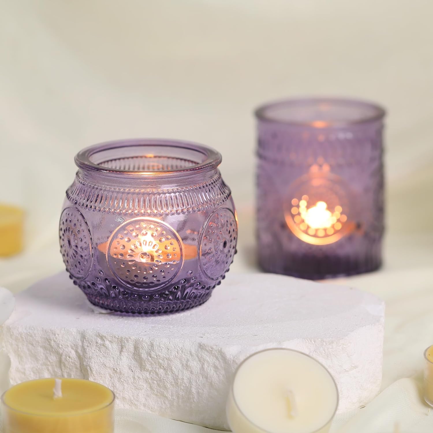 30pcs Assorted Purple Votive Candle Holders for Wedding Decorations, Boho Glass TeaLight Candle Holder, Wedding Table Centerpieces, Bridal Shower Decorations, Retro Purple Party Decor, Party Favors