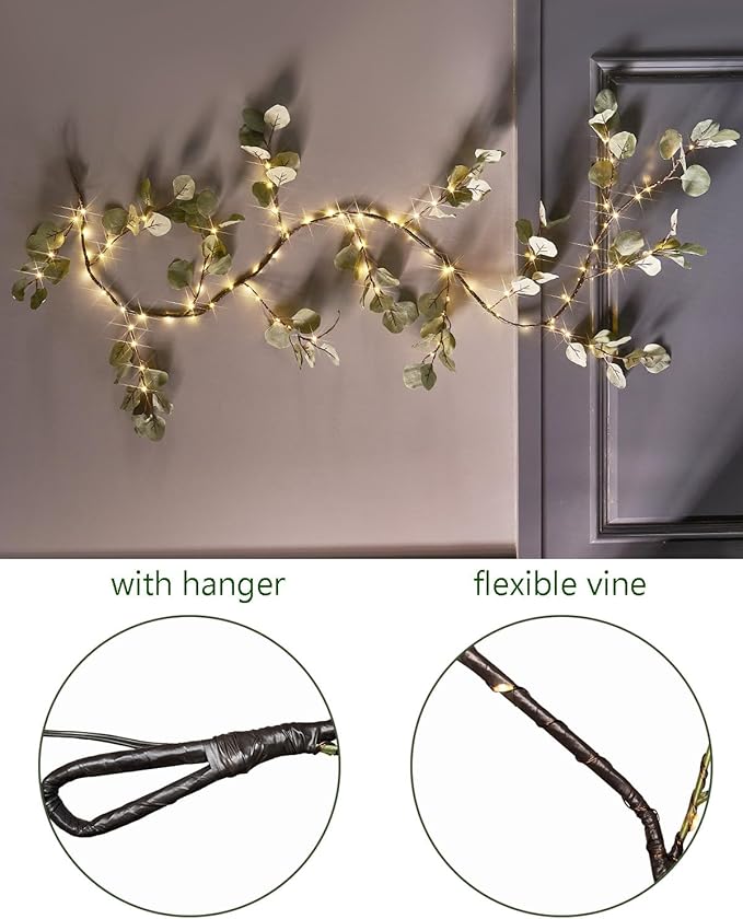 Fudios Lighted Twig Eucalyptus Garland 6FT 96 Warm White LED Battery Operated with Timer for Mantle Fireplace Wedding Party Spring Bedroom Decoration Indoor Outdoor Use
