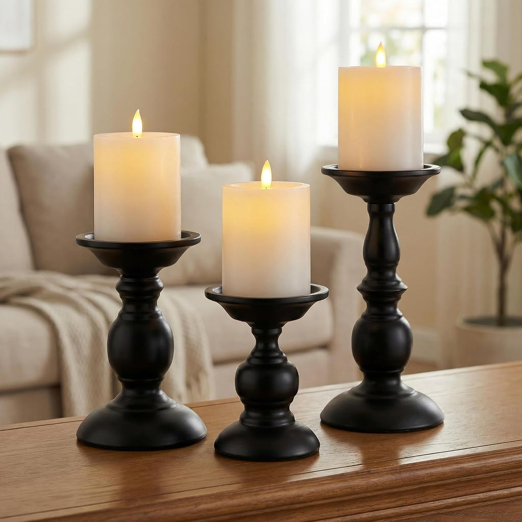 BANOMII Black Pillar Candle Holders Set of 3, Vintage Candle Holder for Table Centerpiece & Fireplace Decor, Decorative Antique Candle Stand for Dining & Living Room Decoration