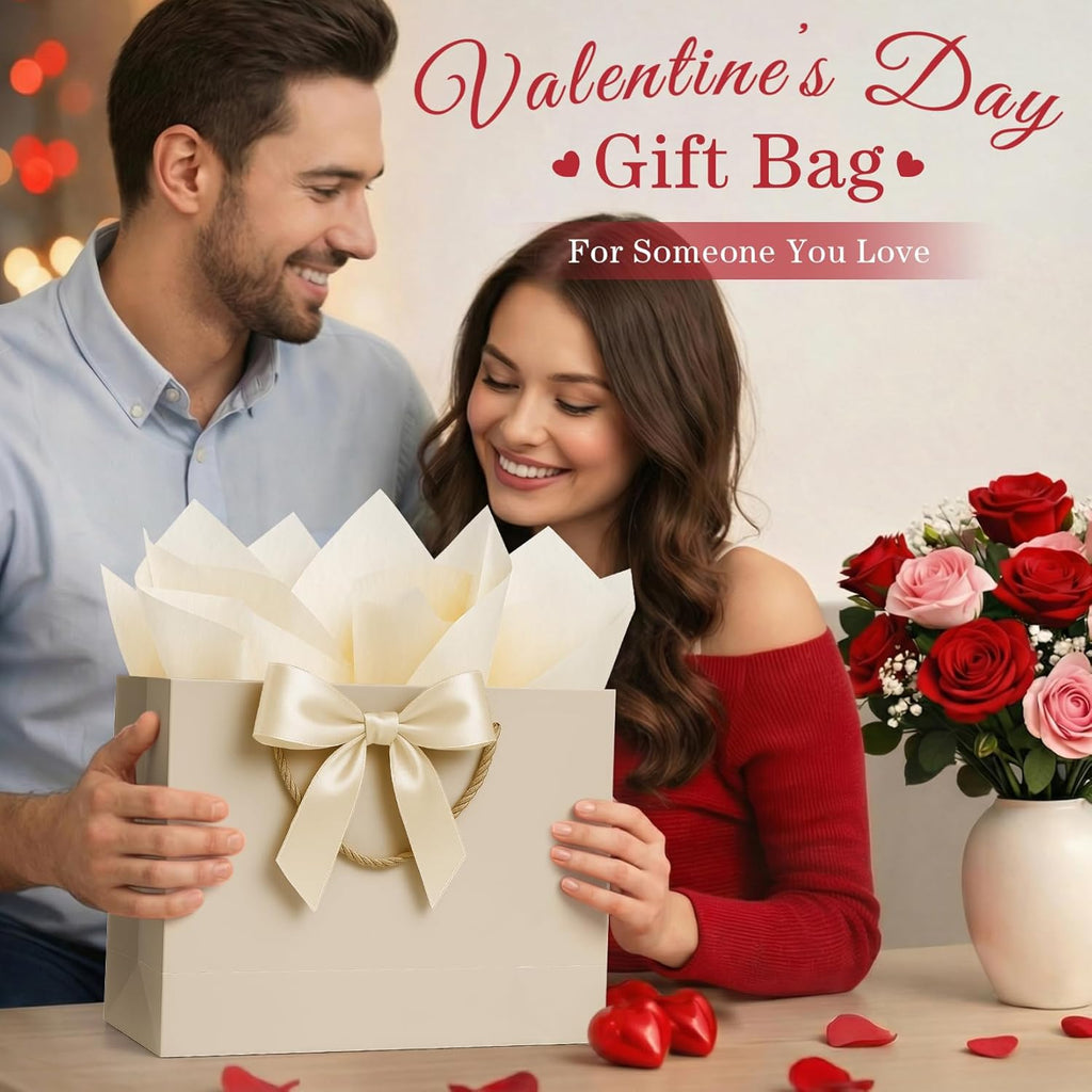 ANZNKU Gift Bags Medium with Handles with Ribbon Card and 2 Tissue Paper, 1 Pcs Cute Champagne Beige Paper Gift Wrap Bag for Wedding Party Favors Birthday Baby Bridal Shower Engagement & Graduation