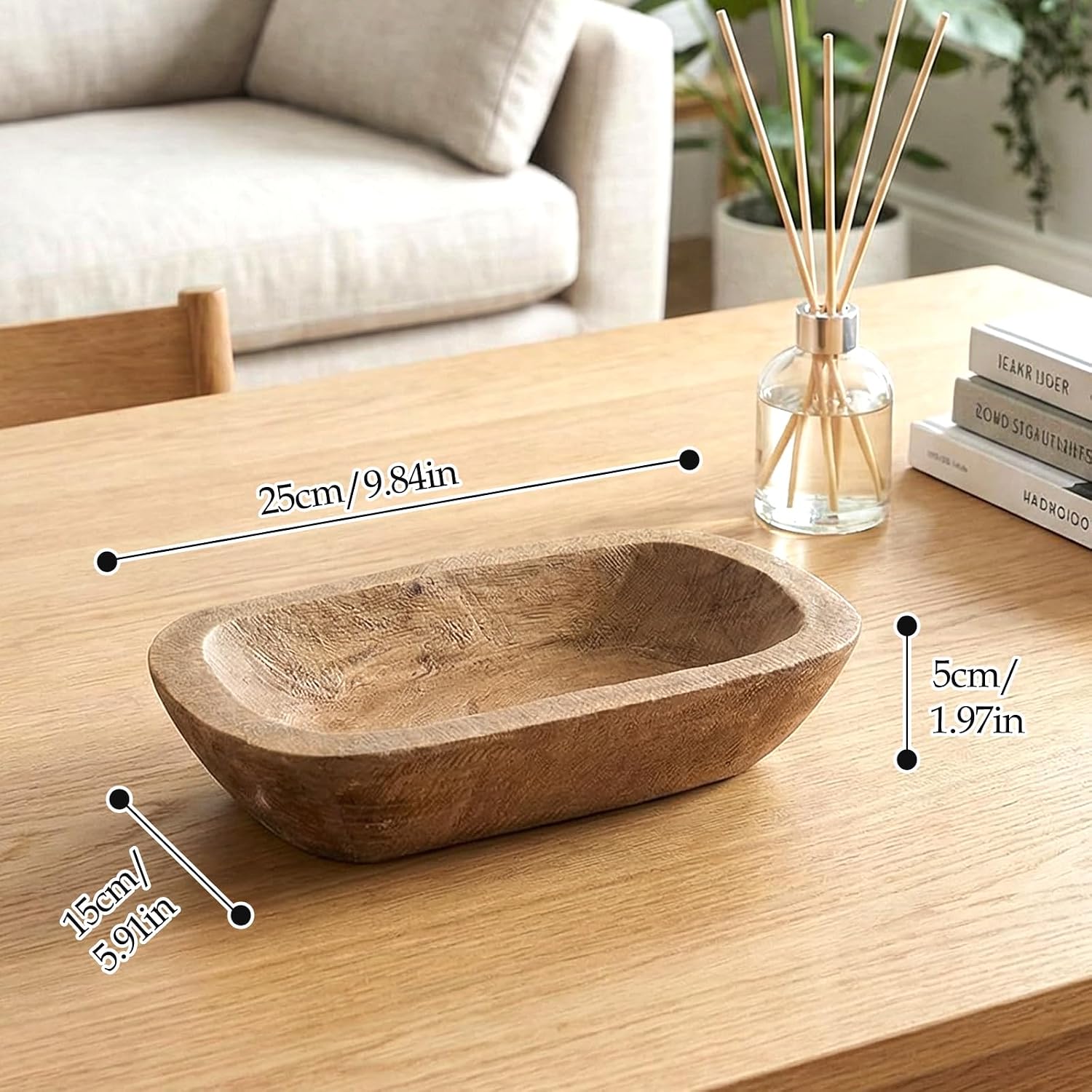 Fenteer Wooden Dough Bowl for Candle Making, Hand Carved Solid Wood Catchall Tray, Rustic Centerpiece for Kitchen Counter and Dining Table, 9.8x5.9 in