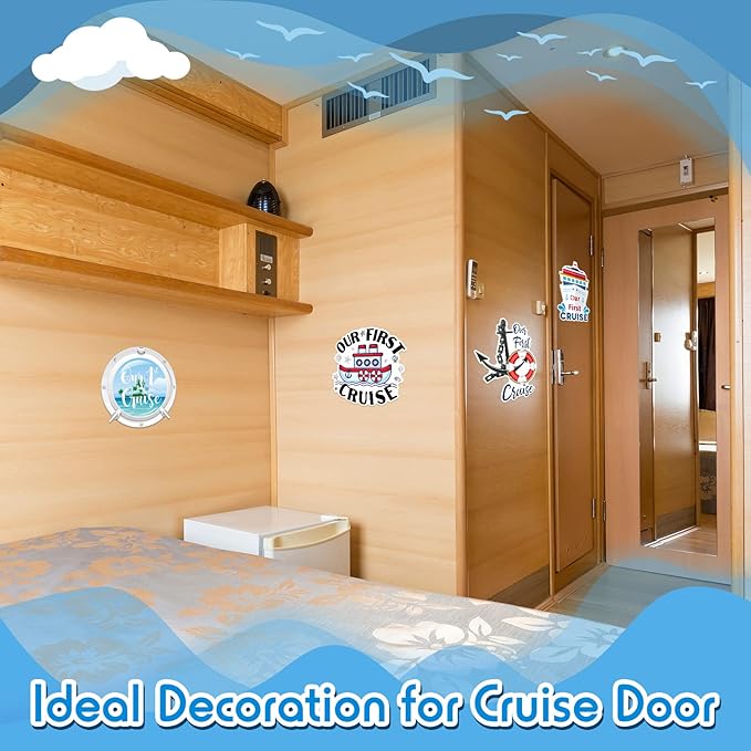 Hoteam 4 Pcs Our First Cruise Door Decorations Magnetic Large First Cruise Ship Door Magnets Funny Waterproof Nautical Magnets for Carnival Cabin Stateroom Fridge Car