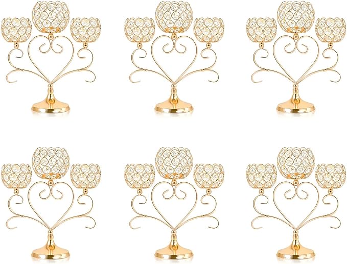 6 Pcs Gold 3-Arm Heart Tea Light Candle Holder - Crystal & Metal Wedding Centerpiece Decor, Sparkling Table Decor for Anniversaries/Romantic Tabletop Home/Dinner Party/Events
