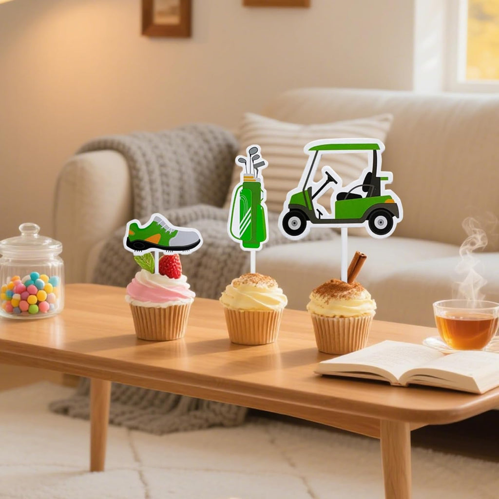 2026 New Golf Cake Decorations with Mini Cart, Clubs, Ball, Green Tree, Red Flag Cupcake Toppers, for Golf Theme Birthday Party Decoration Supplies