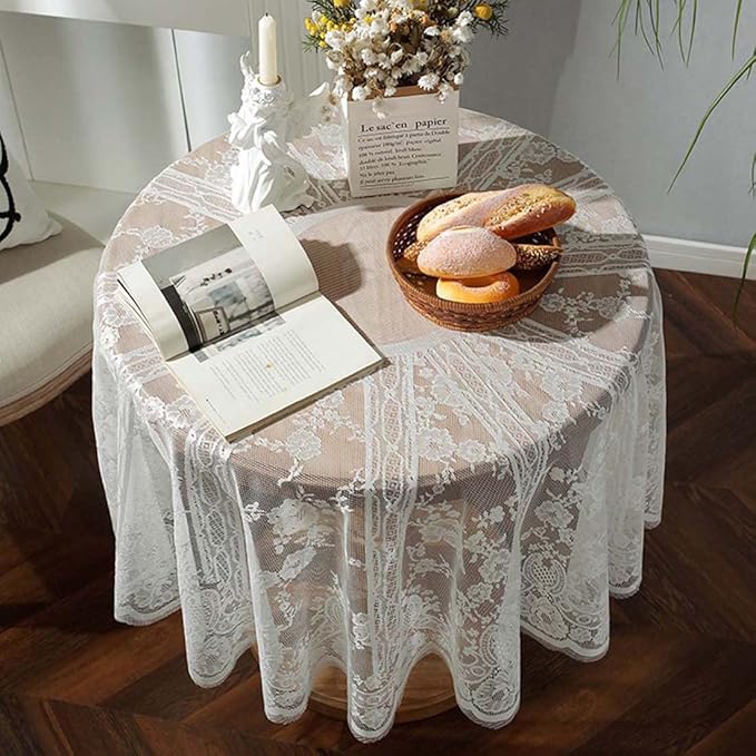 Vintage 60 inch White Lace Tablecloth Floral Embroidered Boho Shabby Chic Small Table Cover for Wedding Halloween Party Dinning Holiday, 1 Piece