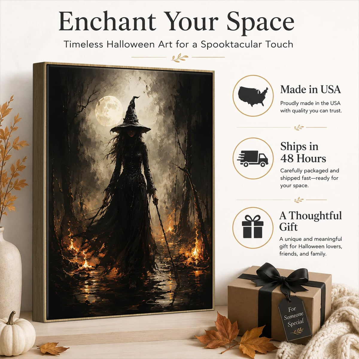 Halloween Framed Wall Art, Dark Witch in Moonlit Forest Halloween Pictures