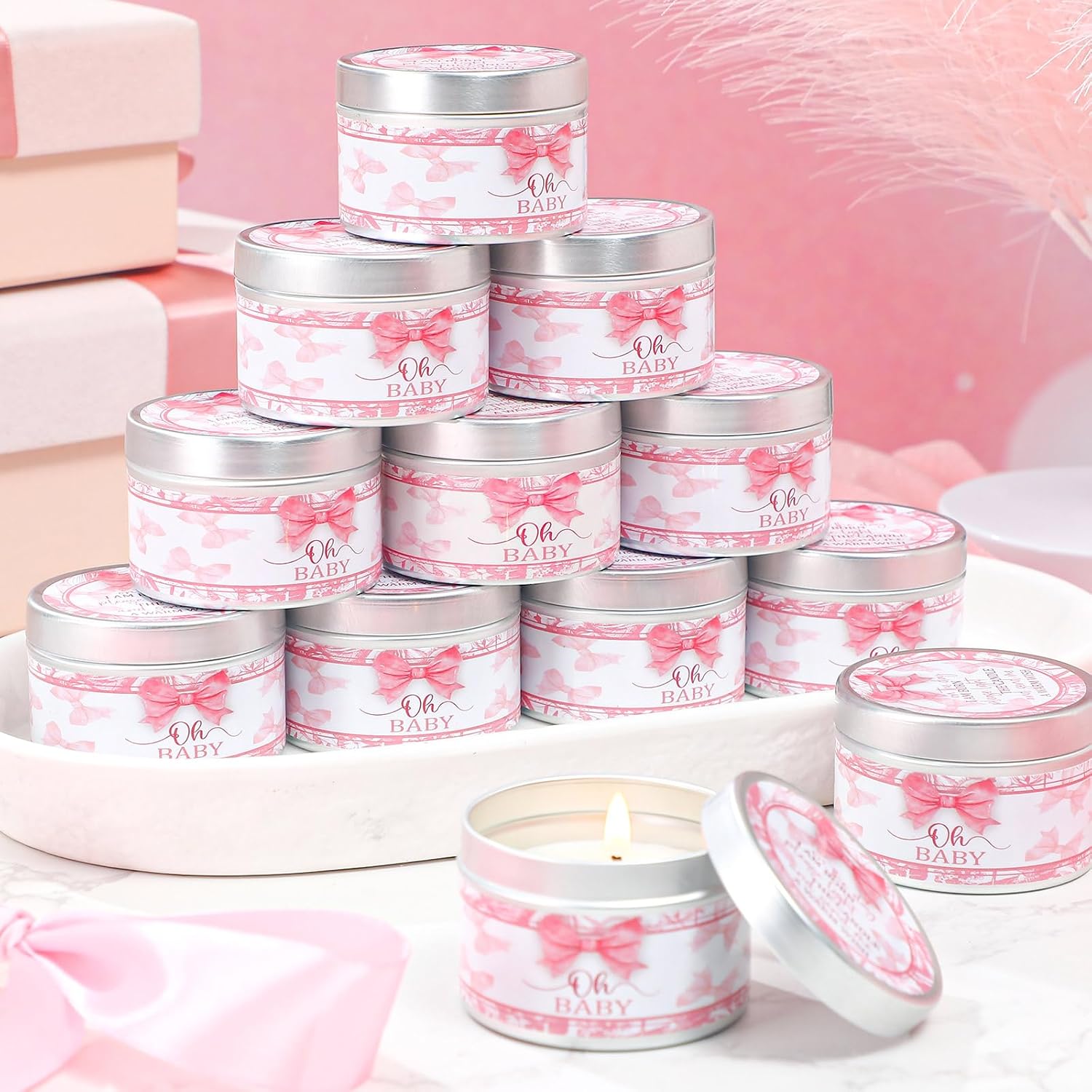 MTLEE Bow 24 Pcs Baby Shower Party Favors Candles Lavender Scented Baby Shower Favors for Guests Rustic Tealights Candles Gender Reveal Return Gifts(Pink, 1.2 oz)