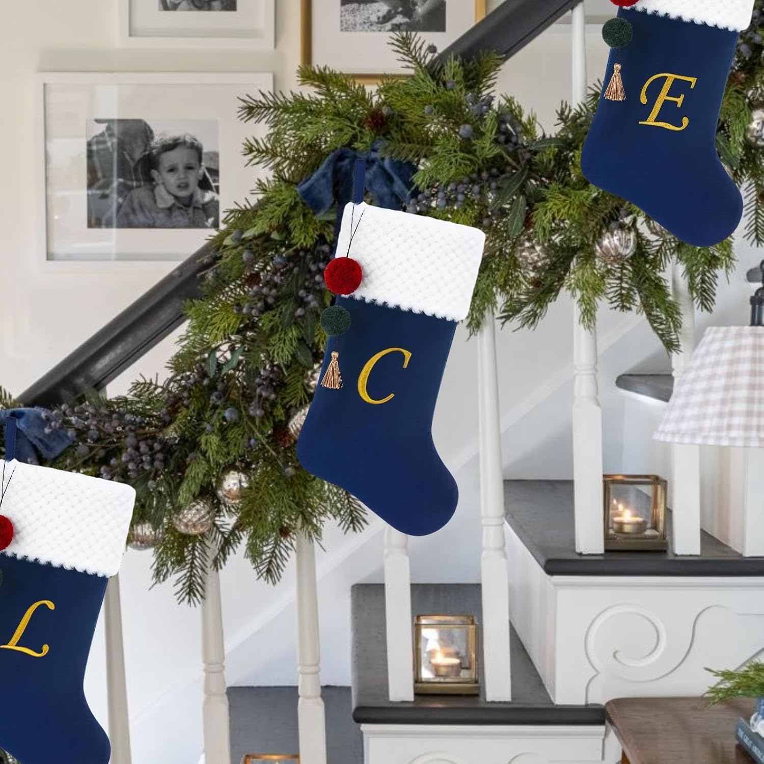 19.5" Personalized Velvet Christmas Stocking with Embroidered Initials- Fireplace Stockings, Family Holiday Xmas Party Decor (Blue S)