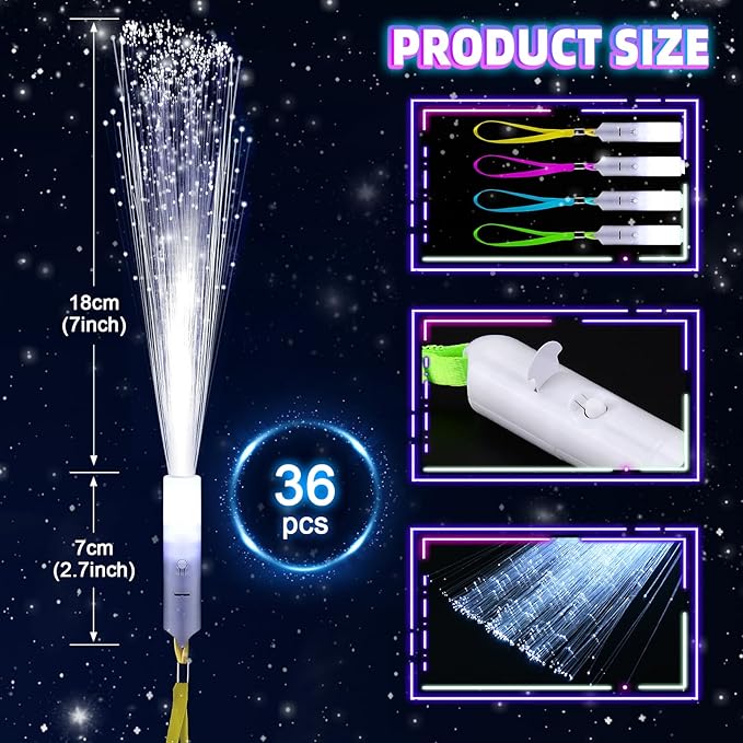 36 PCS White Fiber Optic Sticks, LED Fiber Wands, Fiber Optic Wand with 3 Light Modes, Glow in the Dark Party Supplies, Wedding Party Supplies, for Wedding, New Year, Birthday, Carnival